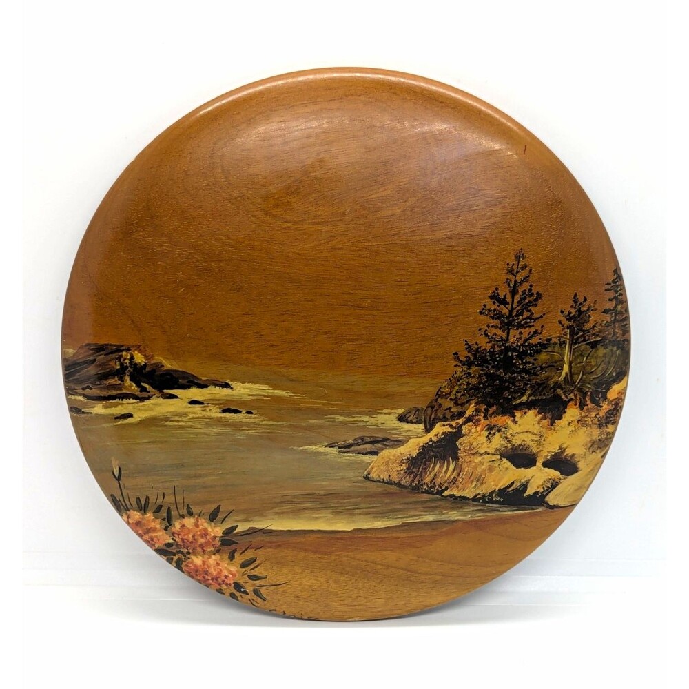 Vintage Myrtle Burl Myrtlewood Pacific Ocean Oregon Seacoast Round Plaque Signed